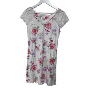CHARTER CLUB WOMENS LACE-SLEEVE CHEMISE NIGHTGOWN BLOSSOMS FLORAL WHITE XS